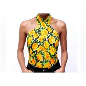 Zara Womens Rose Floral Printed Twist Neck Halter‎ Bodysuit Medium New